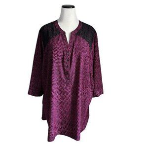 Catherines Fuschia & Black Blouse with Lace on Shoulders 3/4 Sleeves Size 4X